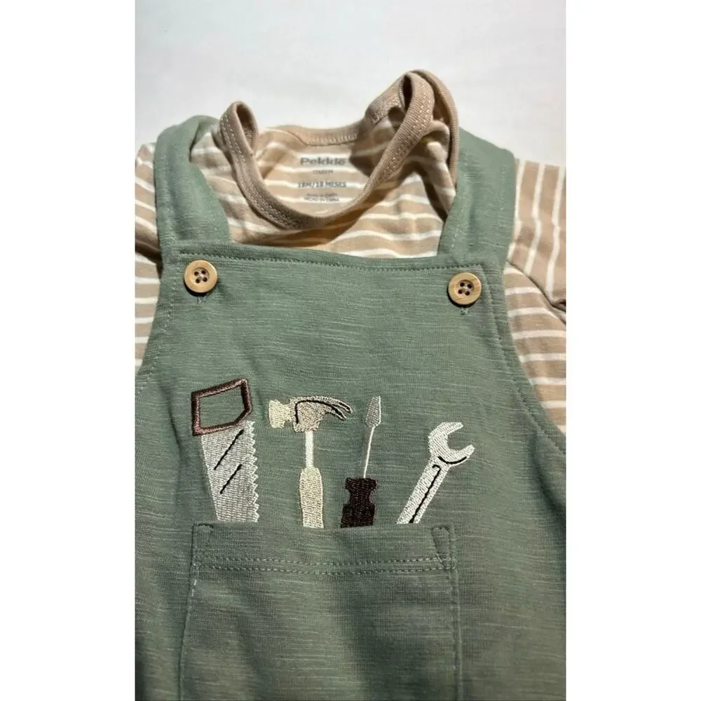 Pekkle Baby Boys' Tool Embroidered Romper with Striped Shirt